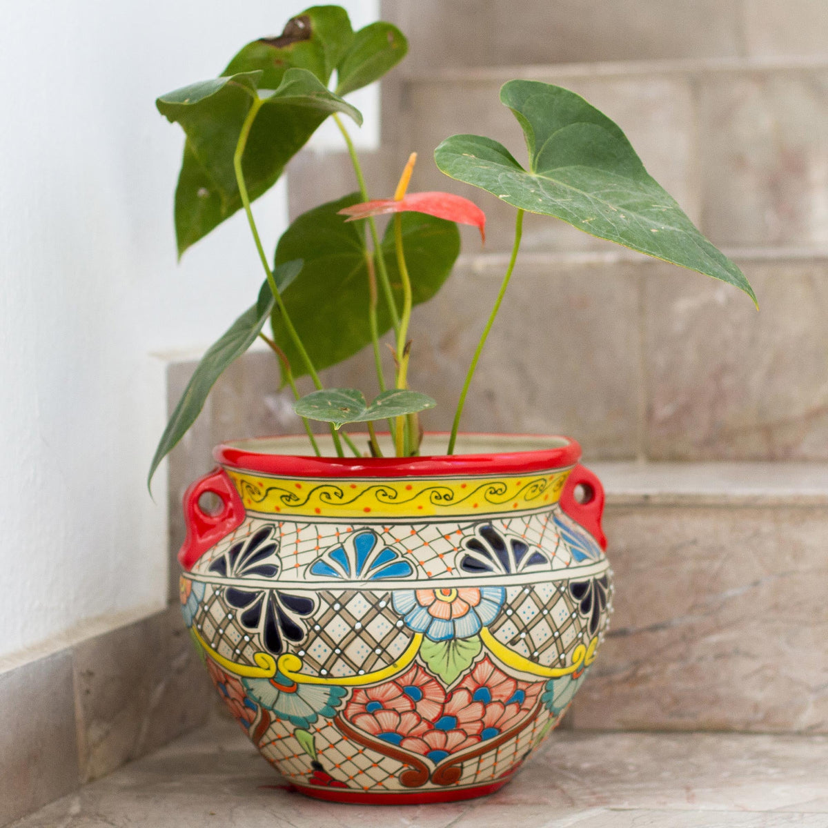 Sun's Essence Talavera Style Red Rim Colorful Floral Ceramic Flowerpot Urn